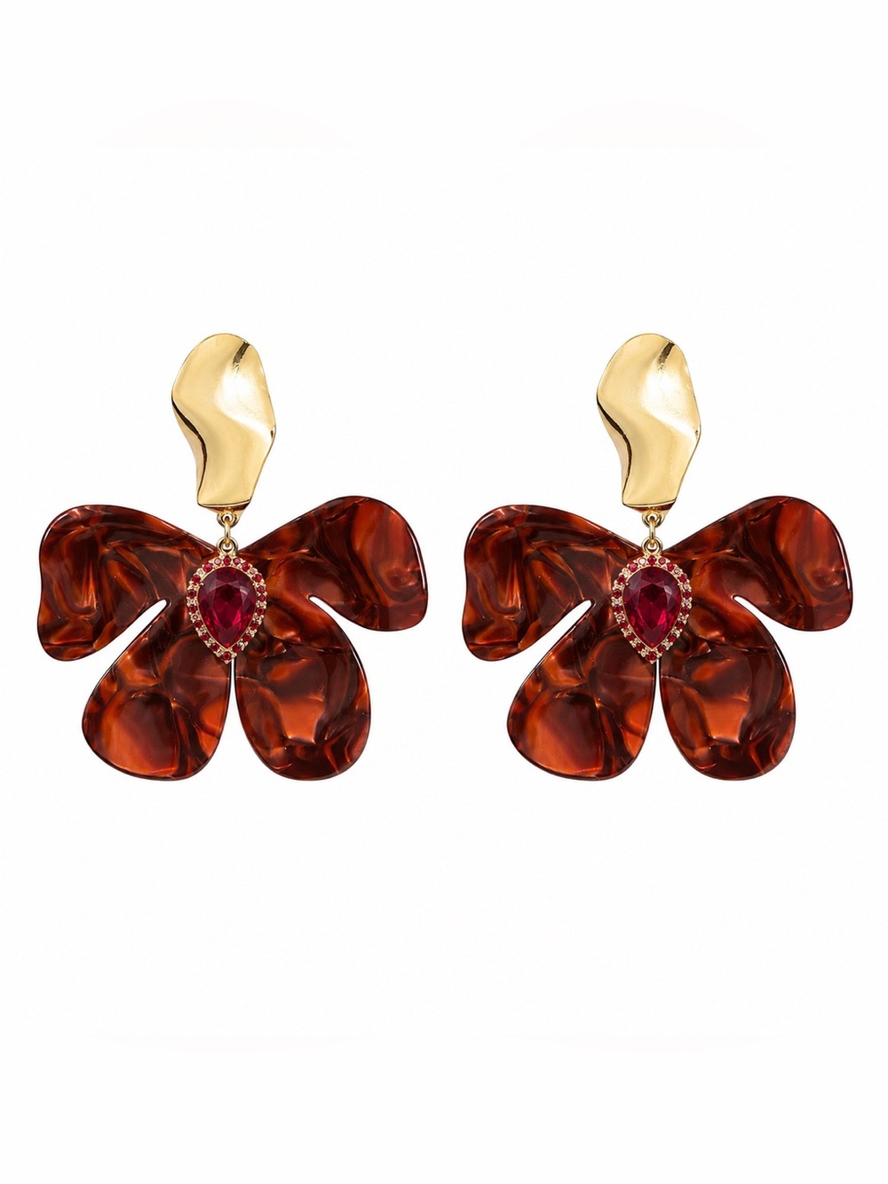 AKIRA Gold-Tone Earrings with Brown Petals and Red Teardrop Stone